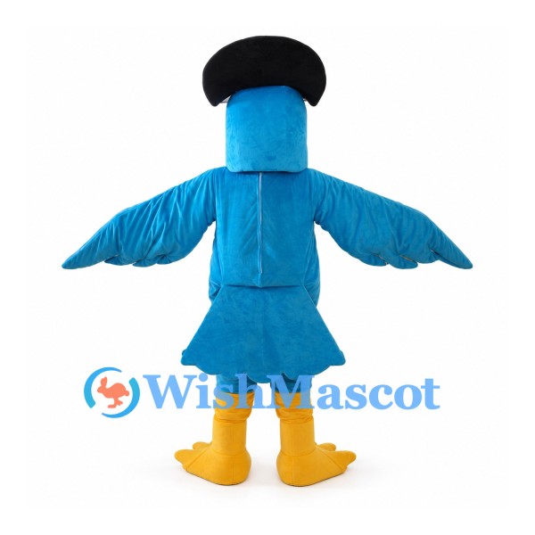 Blue Parrot Mascot Costume with Black Hat and Yellow Belly