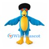 Blue Parrot Mascot Costume with Black Hat and Yellow Belly