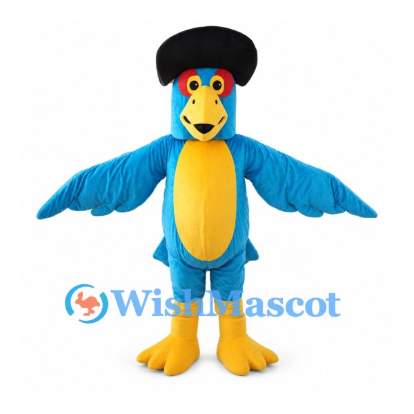Blue Parrot Mascot Costume with Black Hat and Yellow Belly