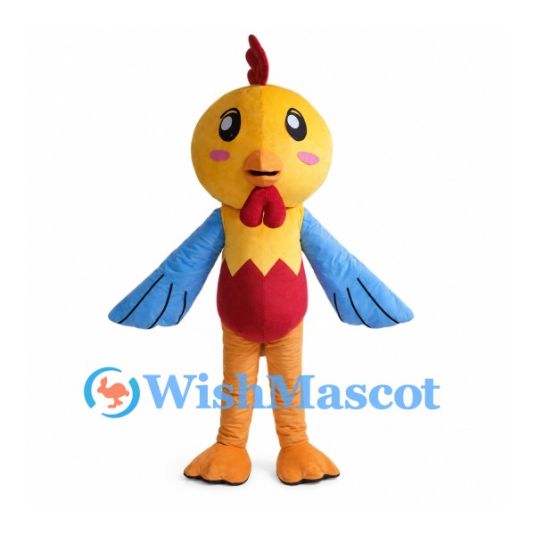 Rooster Mascot Costume with Yellow Head and Light Blue Wings