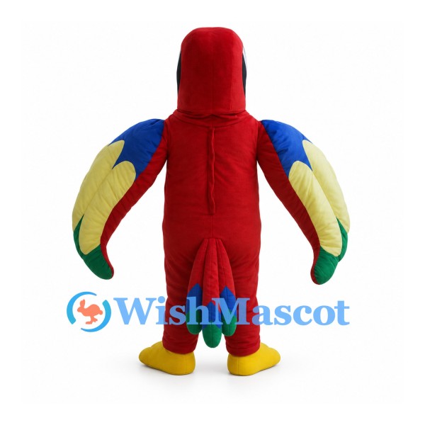 Red Macaw Mascot Costume with Yellow Beak and Multicolor Wings
