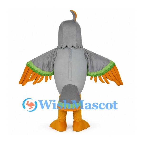 Quail Mascot Costume in Gray with Orange Wing Tips and Head Plume