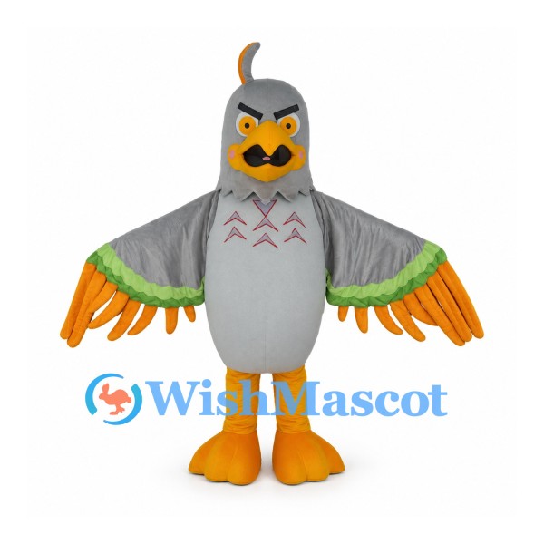 Quail Mascot Costume in Gray with Orange Wing Tips and Head Plume