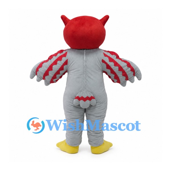 Owl Mascot Costume in Red and Gray with Layered Wing Feathers