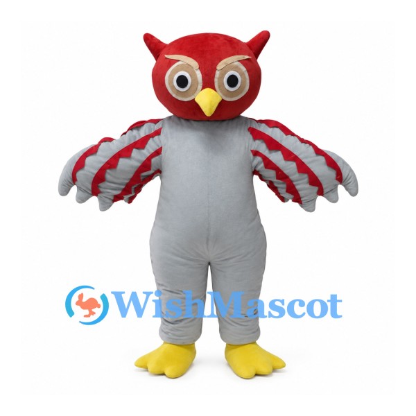 Owl Mascot Costume in Red and Gray with Layered Wing Feathers