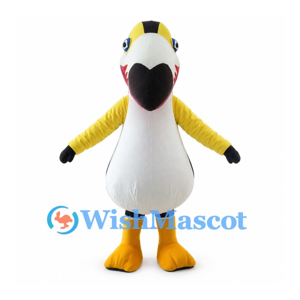 Toucan Mascot Costume with Large Black Beak and Yellow Wings