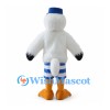 Stork Mascot Costume in White with Blue Hat and Striped Shorts