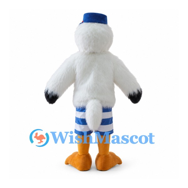 Stork Mascot Costume in White with Blue Hat and Striped Shorts
