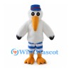 Stork Mascot Costume in White with Blue Hat and Striped Shorts