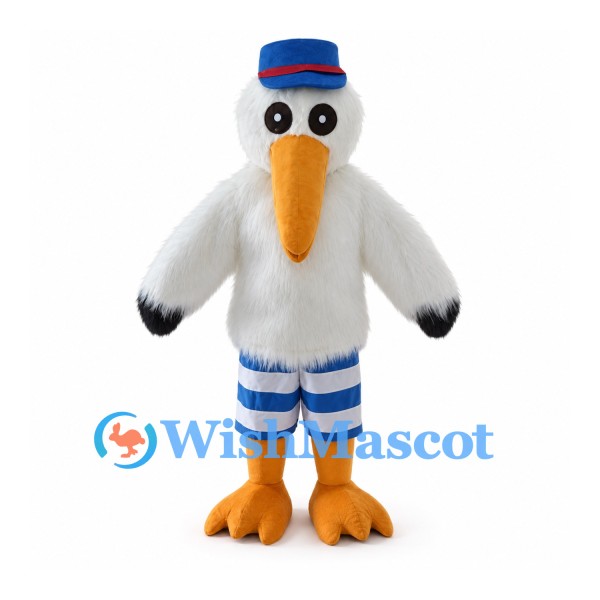 Stork Mascot Costume in White with Blue Hat and Striped Shorts