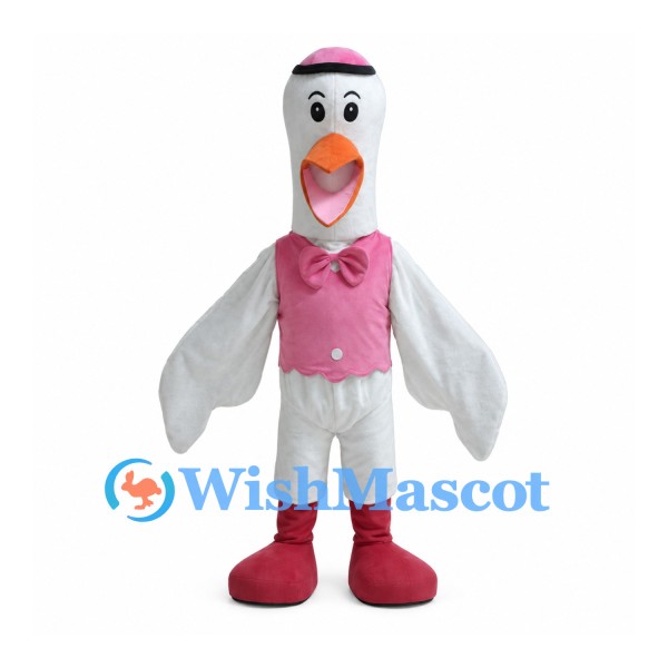 Goose Mascot Costume in White with Pink Waistcoat and Bow Tie