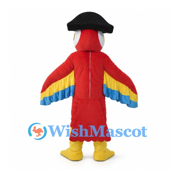 Pirate Parrot Mascot Costume in Red with Black Hat and Rainbow Wings