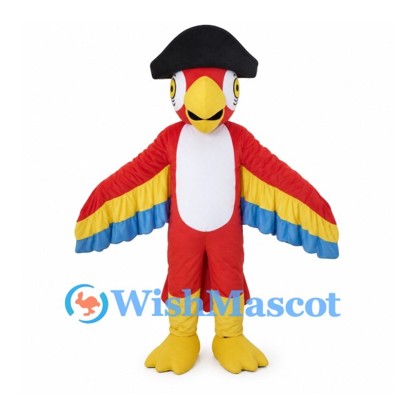 Pirate Parrot Mascot Costume in Red with Black Hat and Rainbow Wings