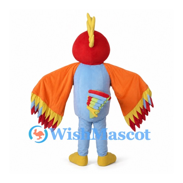 Parrot Mascot Costume with Red Head Blue Body and Orange Wings