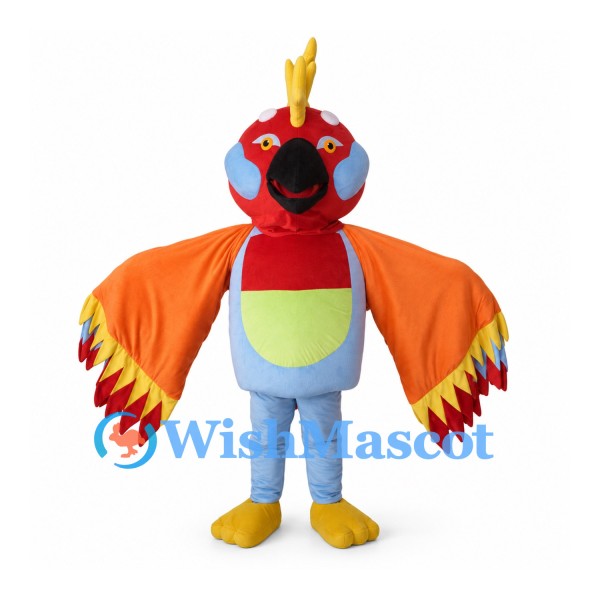 Parrot Mascot Costume with Red Head Blue Body and Orange Wings