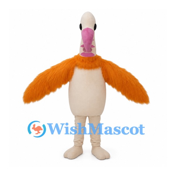 Ostrich Mascot Costume with Cream Neck and Orange Shaggy Wings