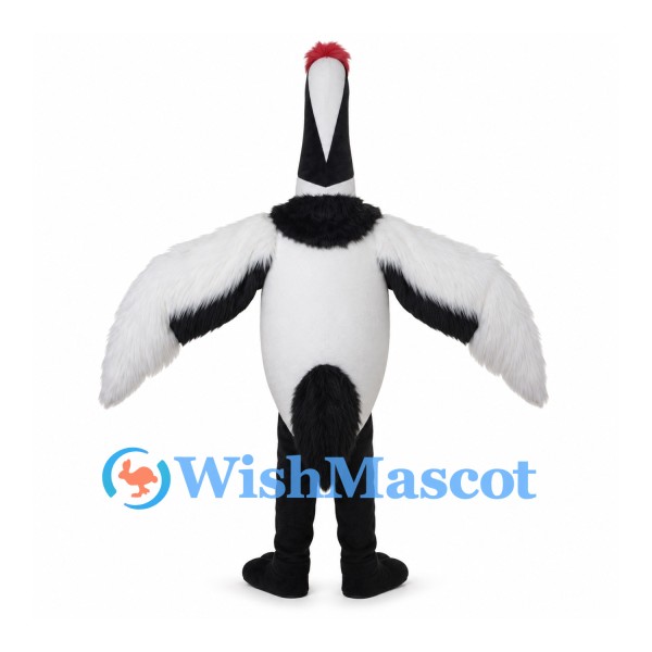 Crane Mascot Costume in Black and White with Red Crown