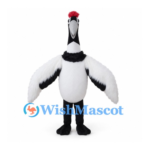 Crane Mascot Costume in Black and White with Red Crown