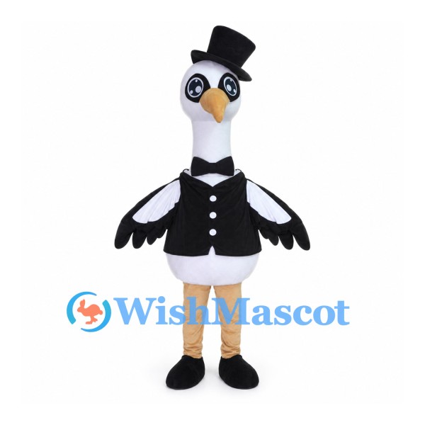Bird Gentleman Mascot Costume with Black Top Hat and Waistcoat
