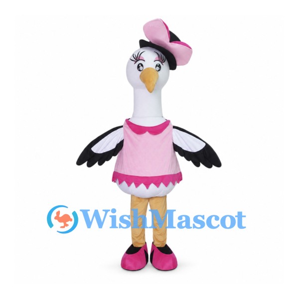 Bird Lady Mascot Costume with Pink Bow and Top Hat