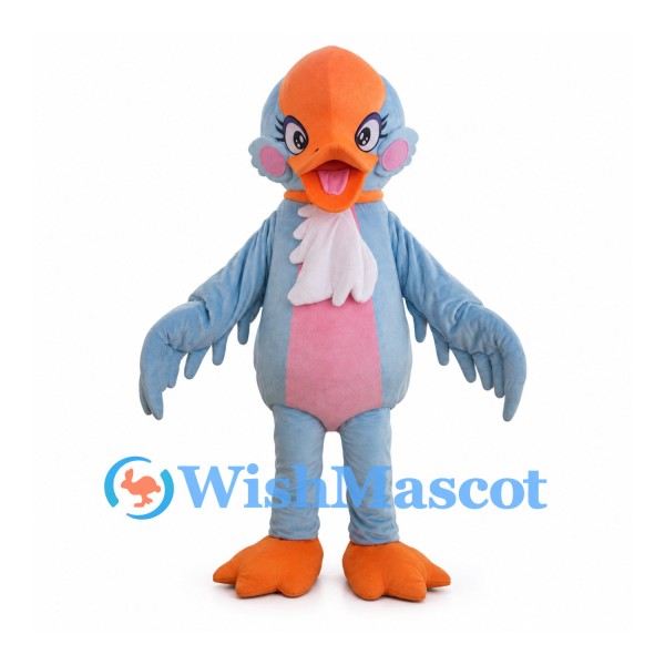Bird Mascot Costume in Light Blue with Pink Belly and Orange Beak
