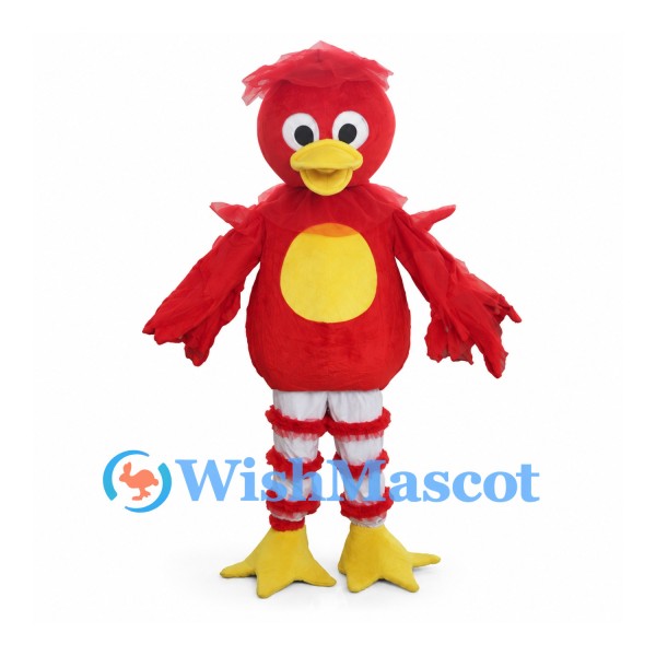 Red Bird Mascot Costume with Yellow Belly and Striped Legs