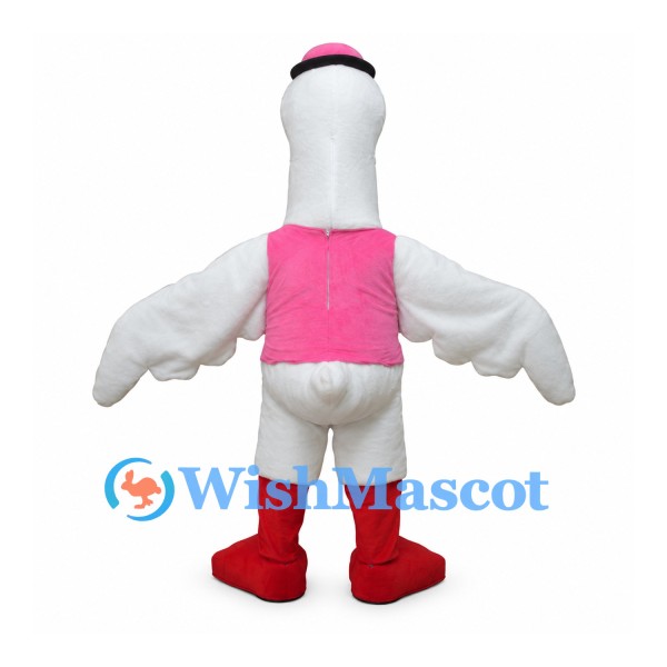 Goose Mascot Costume with Pink Hat Waistcoat and Red Boots