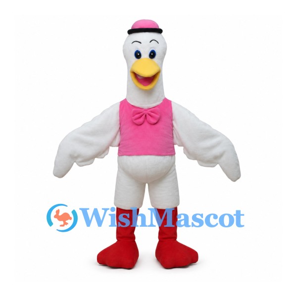 Goose Mascot Costume with Pink Hat Waistcoat and Red Boots