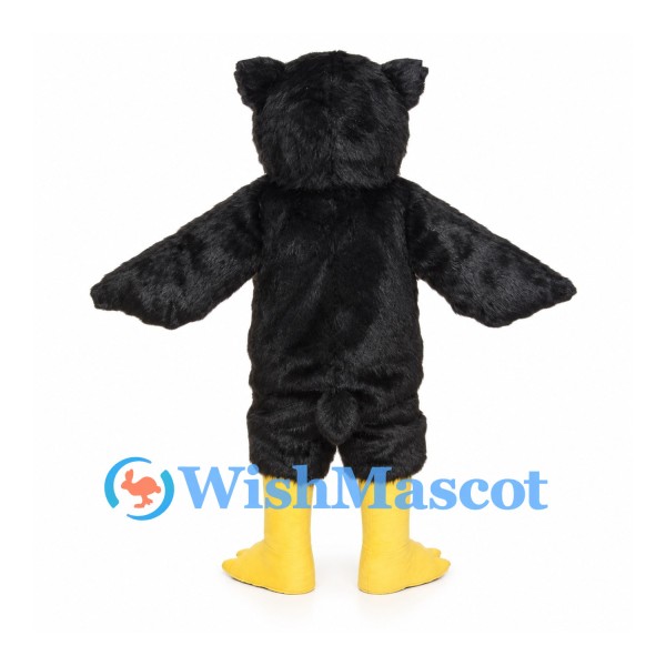 Black Owl Mascot Costume with Yellow Eyes and White Throat Patch
