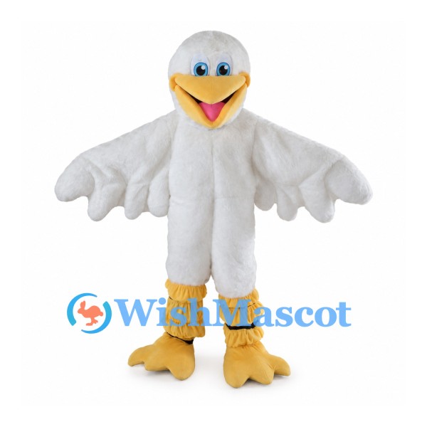 White Bird Mascot Costume with Yellow Feet and Open Beak