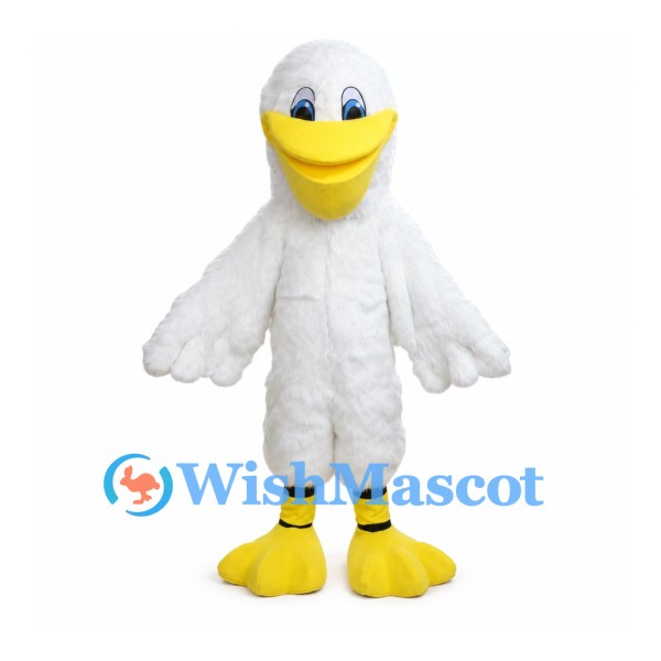White Duck Mascot Costume with Large Yellow Bill and Webbed Feet