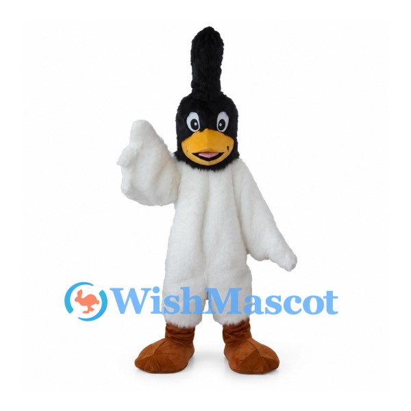 Crested Bird Mascot Costume in Black and White with Tall Head Plume