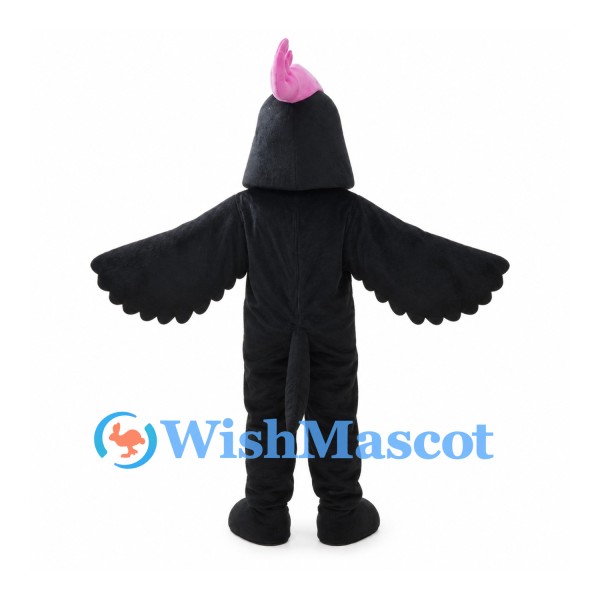 Black Bird Mascot Costume with Pink Head Bow and Spread Wings