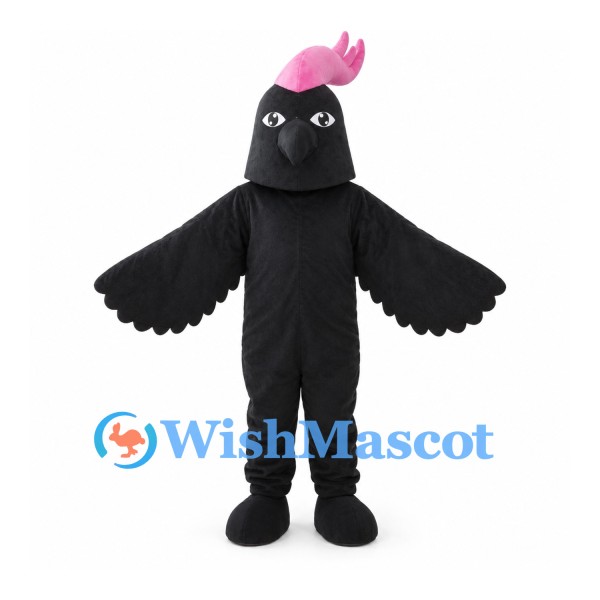 Black Bird Mascot Costume with Pink Head Bow and Spread Wings