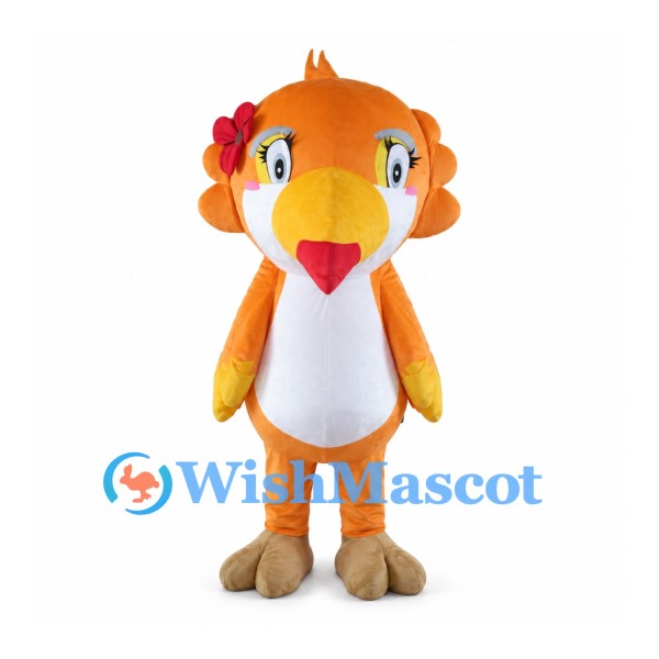 Orange Parrot Mascot Costume with Red Flower and White Belly