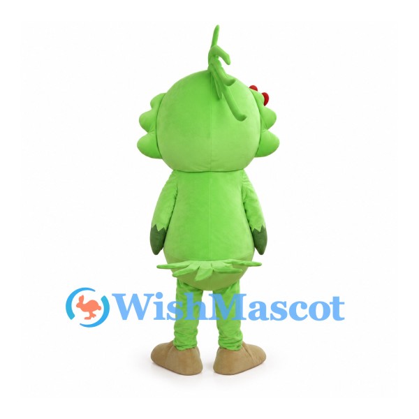 Green Parrot Mascot Costume with Red Flower and Orange Belly Stripe