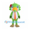 Green Parrot Mascot Costume with Red Flower and Orange Belly Stripe