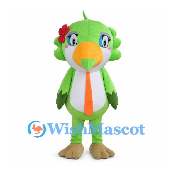 Green Parrot Mascot Costume with Red Flower and Orange Belly Stripe