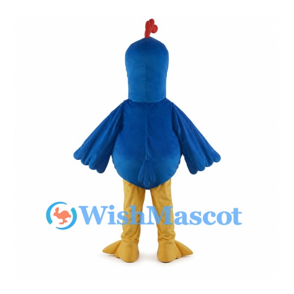 Blue Rooster Mascot Costume with Colorful Belly Dots and Red Crest