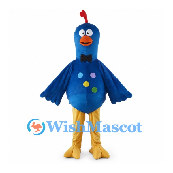 Blue Rooster Mascot Costume with Colorful Belly Dots and Red Crest