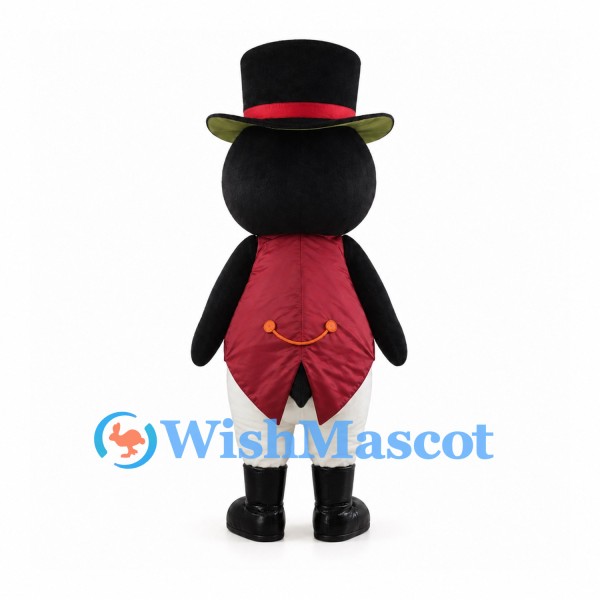 Penguin Mascot Costume with Black Top Hat and Burgundy Tailcoat