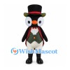 Penguin Mascot Costume with Black Top Hat and Burgundy Tailcoat
