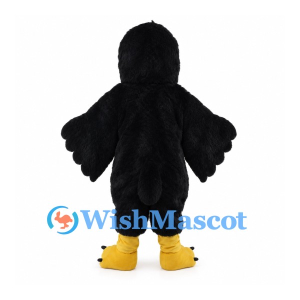 Black Bird Mascot Costume with Open Yellow Beak and Shaggy Fur