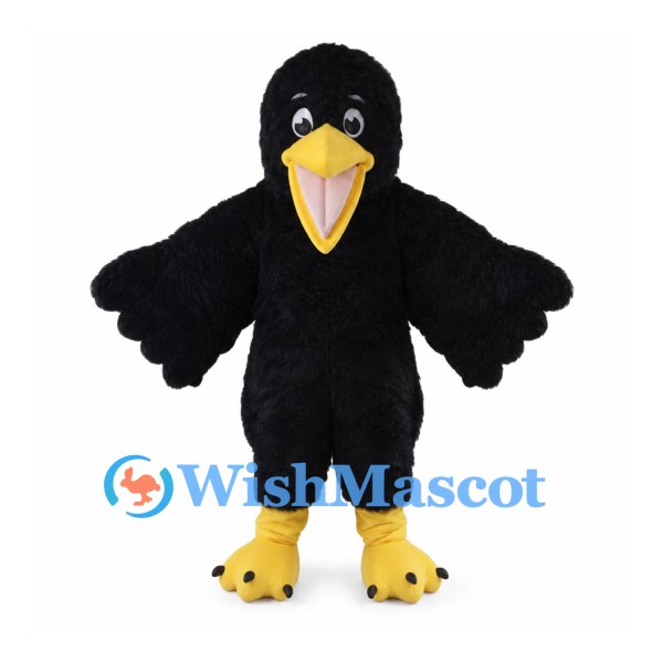 Black Bird Mascot Costume with Open Yellow Beak and Shaggy Fur