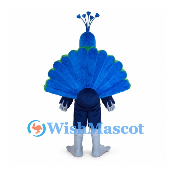 Peacock Mascot Costume in Blue with Green Eyed Fan Tail