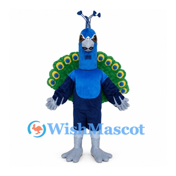 Peacock Mascot Costume in Blue with Green Eyed Fan Tail