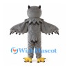Gray Owl Mascot Costume with Layered Neck Feathers and Yellow Feet