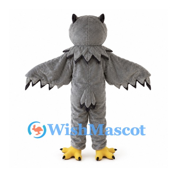 Gray Owl Mascot Costume with Layered Neck Feathers and Yellow Feet