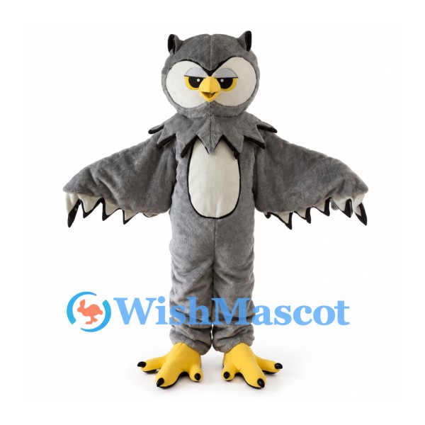 Gray Owl Mascot Costume with Layered Neck Feathers and Yellow Feet