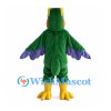 Green Parrot Mascot Costume with Yellow Belly and Purple Wing Tips